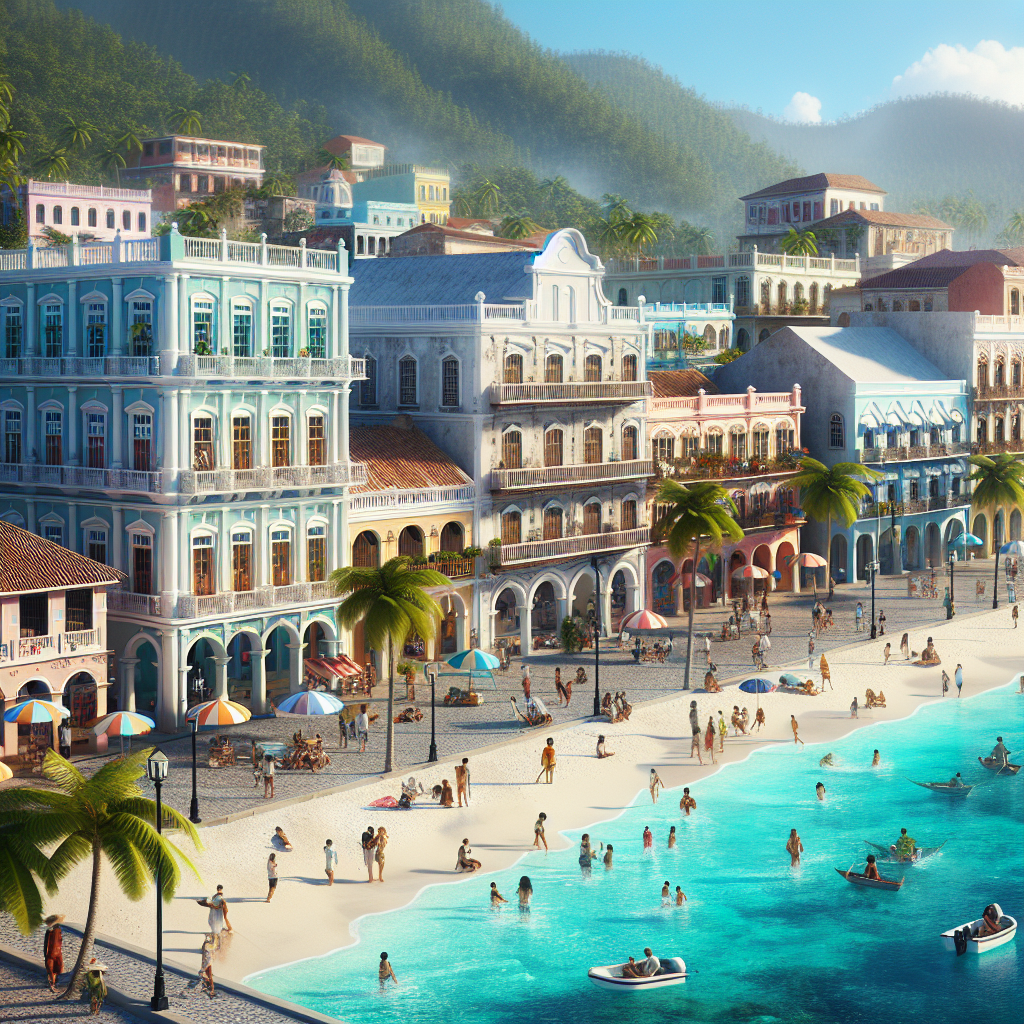 A realistic depiction of Nassau, Bahamas with colonial architecture, turquoise waters, vibrant markets, and lively atmosphere.