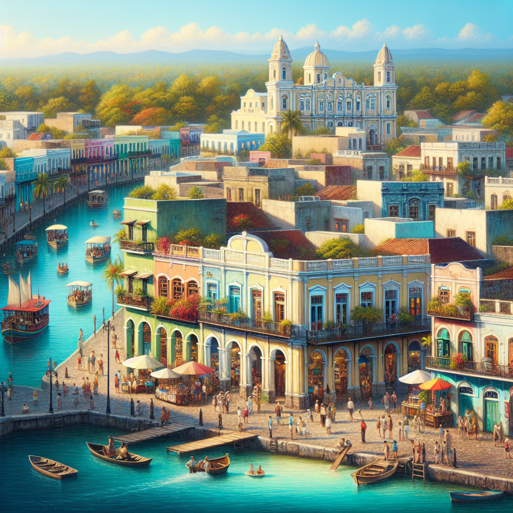 Realistic image of Nassau, Bahamas showcasing colorful colonial architecture, lively market, and turquoise waters.