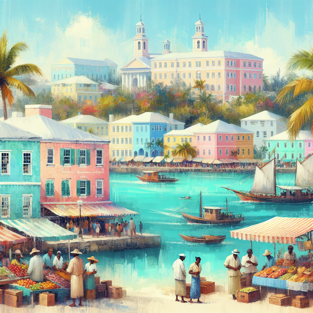 A realistic depiction of Nassau, Bahamas with turquoise waters, colonial buildings, and a lively market scene.