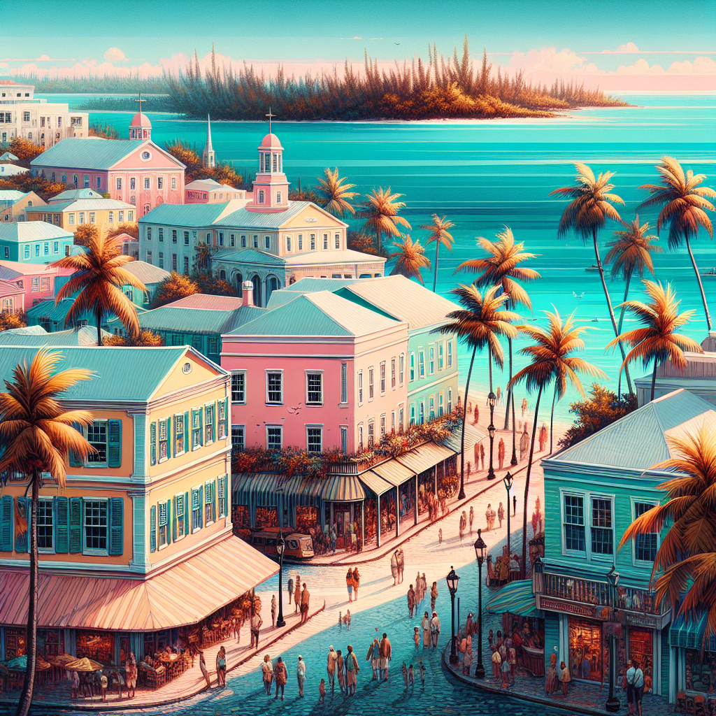 A realistic depiction of Nassau, Bahamas with colonial buildings, turquoise waters, and lush palm trees.