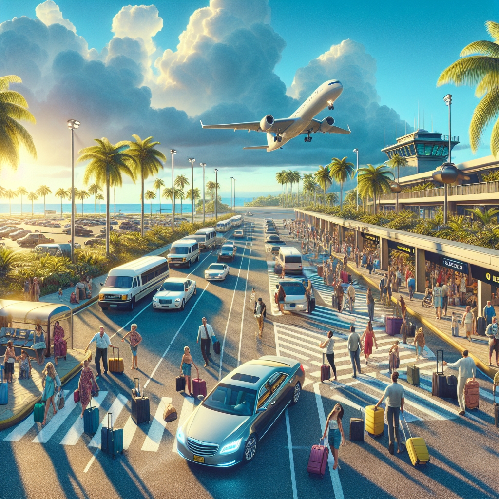 Travelers at Nassau Airport choosing different transportation options, including private cars, shuttles, and limousines.