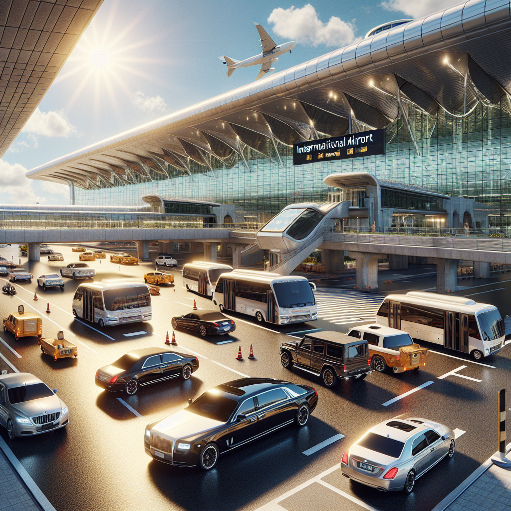 Realistic image of Nassau Airport with private cars, shuttles, and a limousine under a sunny sky.