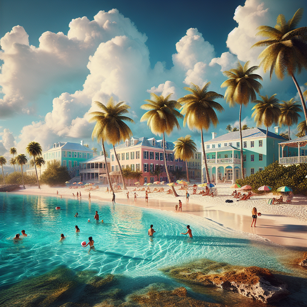 A realistic image of Nassau, Bahamas, featuring beautiful beaches, colonial buildings, and tourists enjoying various activities.