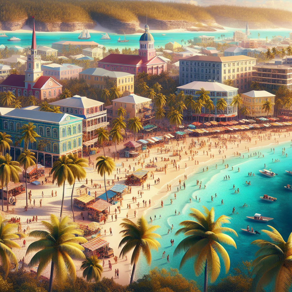 A vibrant, realistic scene of Nassau, Bahamas, showcasing its beaches, colonial buildings, and lively atmosphere.