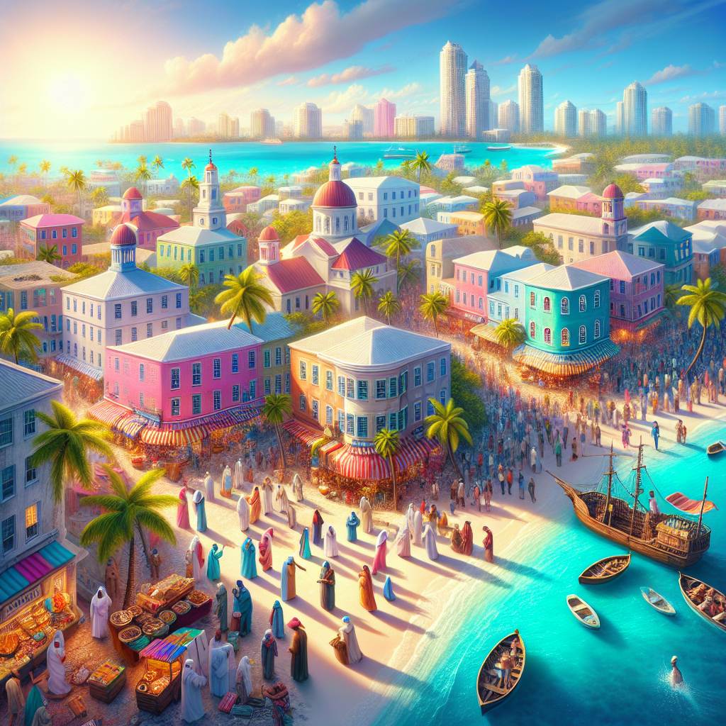 A realistic depiction of Nassau, Bahamas with colorful buildings, beaches, and vibrant city life.