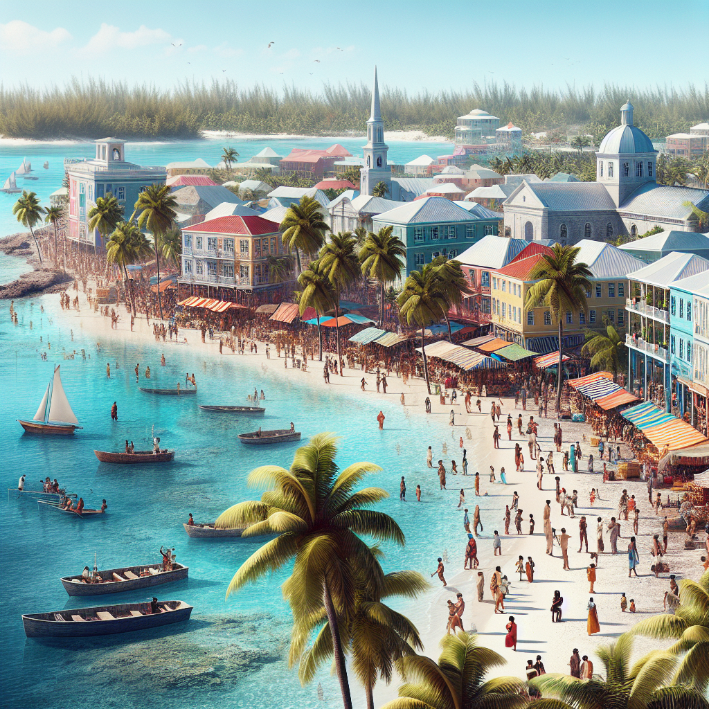 A realistic depiction of Nassau in the Bahamas, featuring clear blue waters, white sandy beaches, colorful colonial buildings, and a bustling market scene with palm trees.