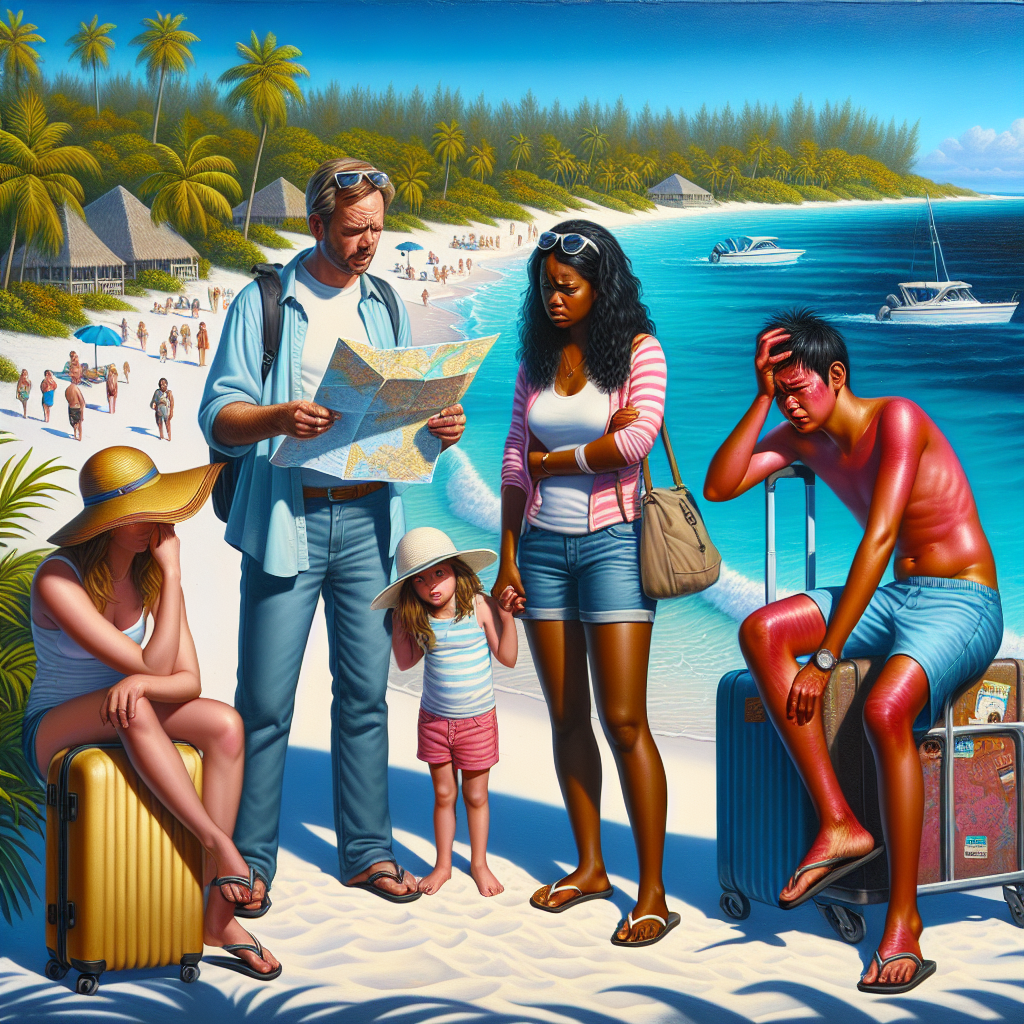 A family experiencing common vacation mistakes at a beautiful Bahamian beach.
