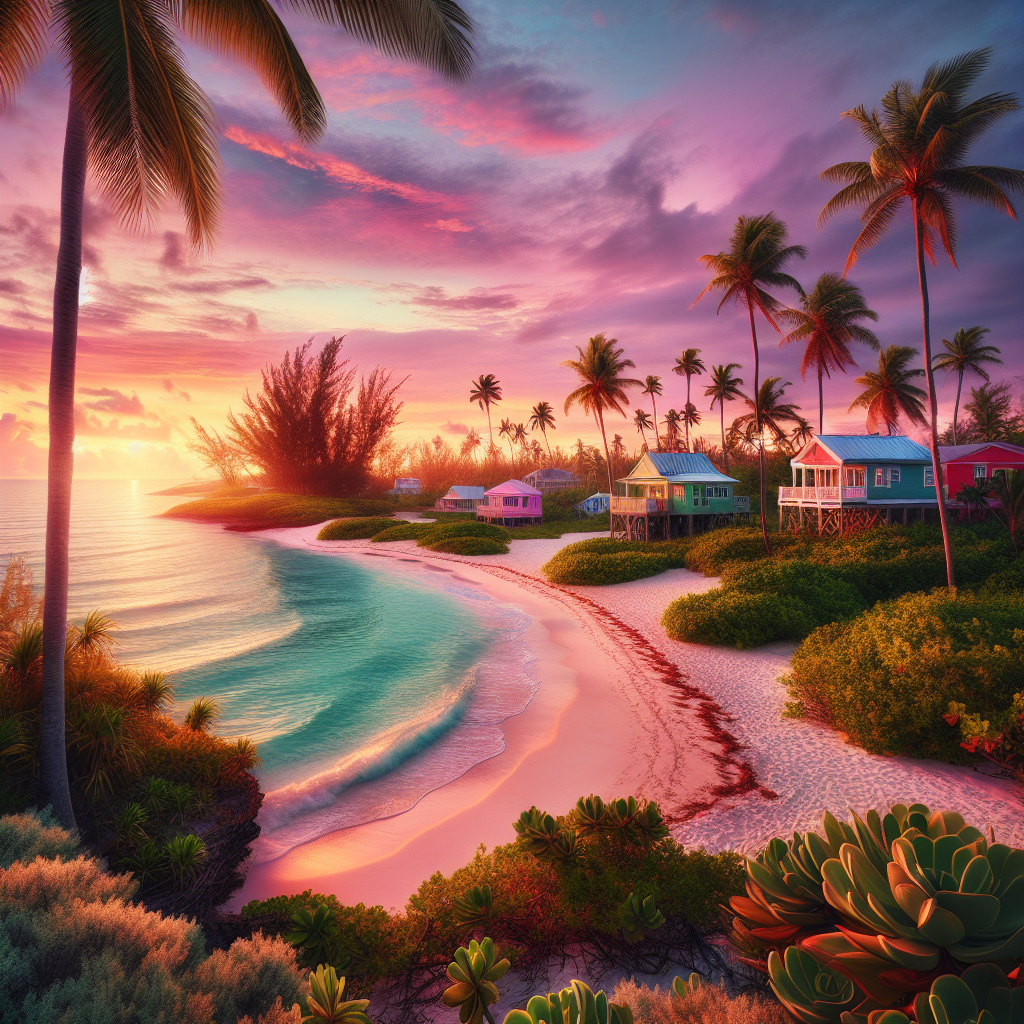 A serene Bahamian beach at sunrise with palm trees, white sand, and colorful beach houses.