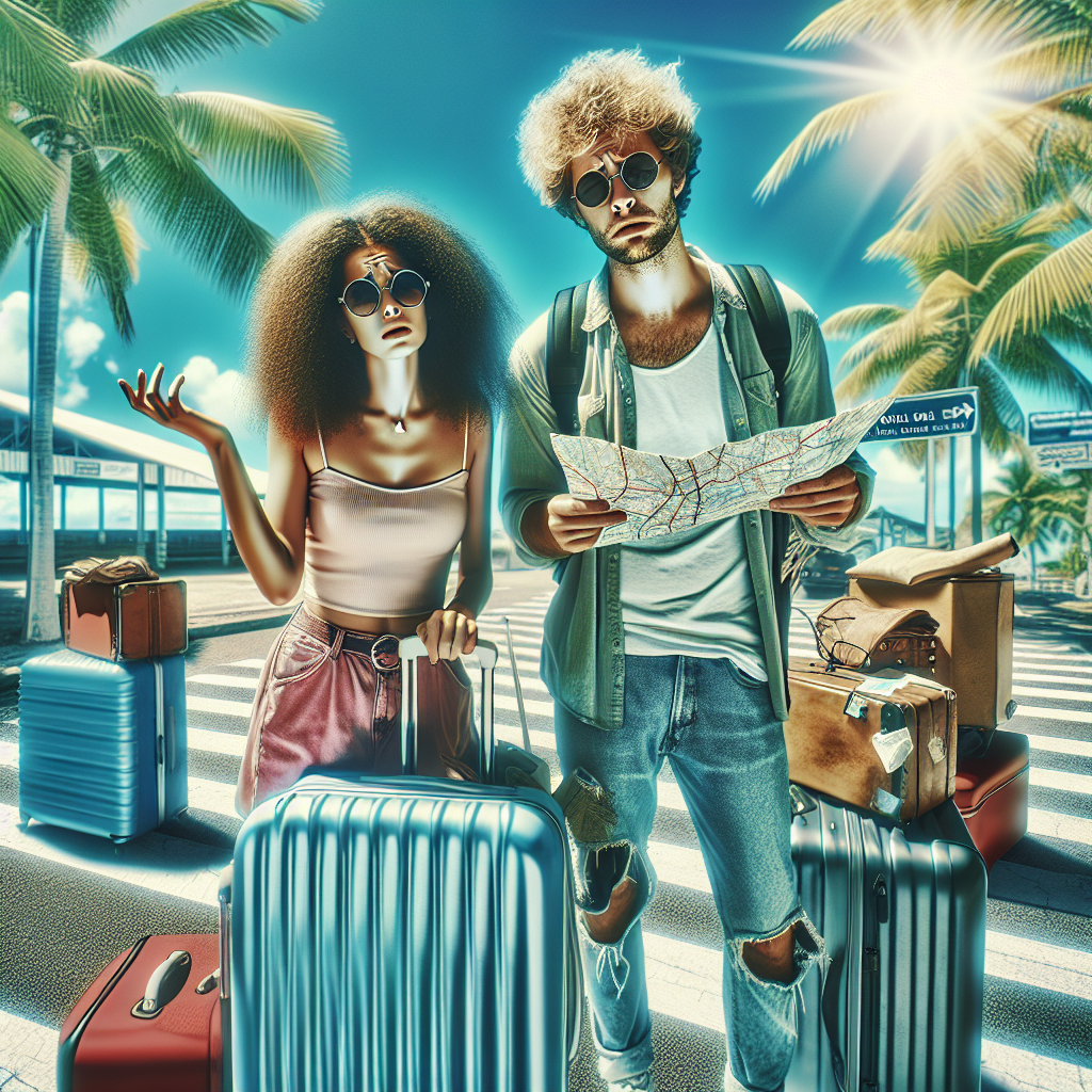 Tourist couple at the airport in the Bahamas looking confused while holding a map, surrounded by luggage with a tropical background.