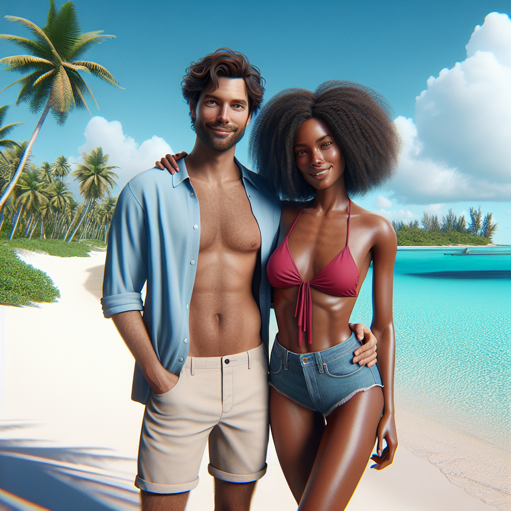 A couple standing on a pristine beach in the Bahamas, with white sand, turquoise water, and palm trees.