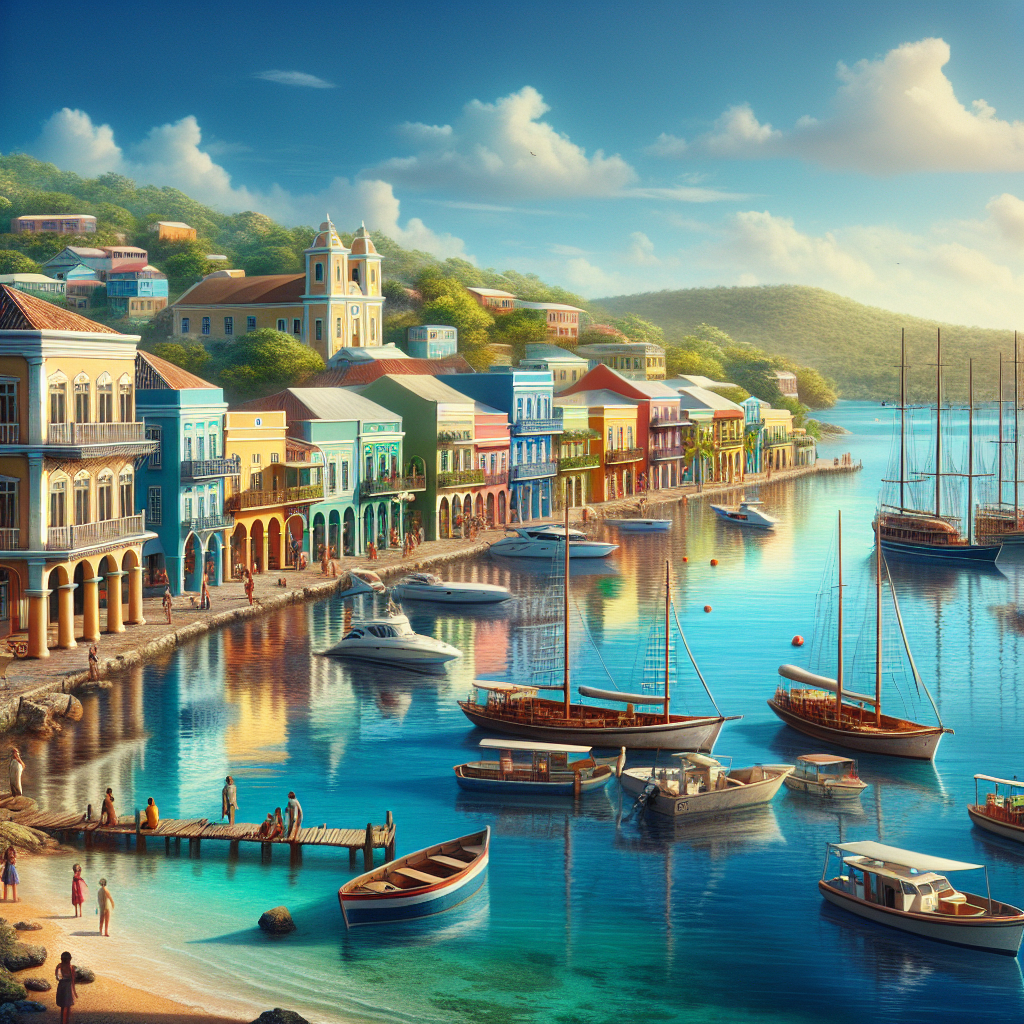 A realistic image of Nassau's waterfront with colorful colonial buildings and yachts in the harbor.
