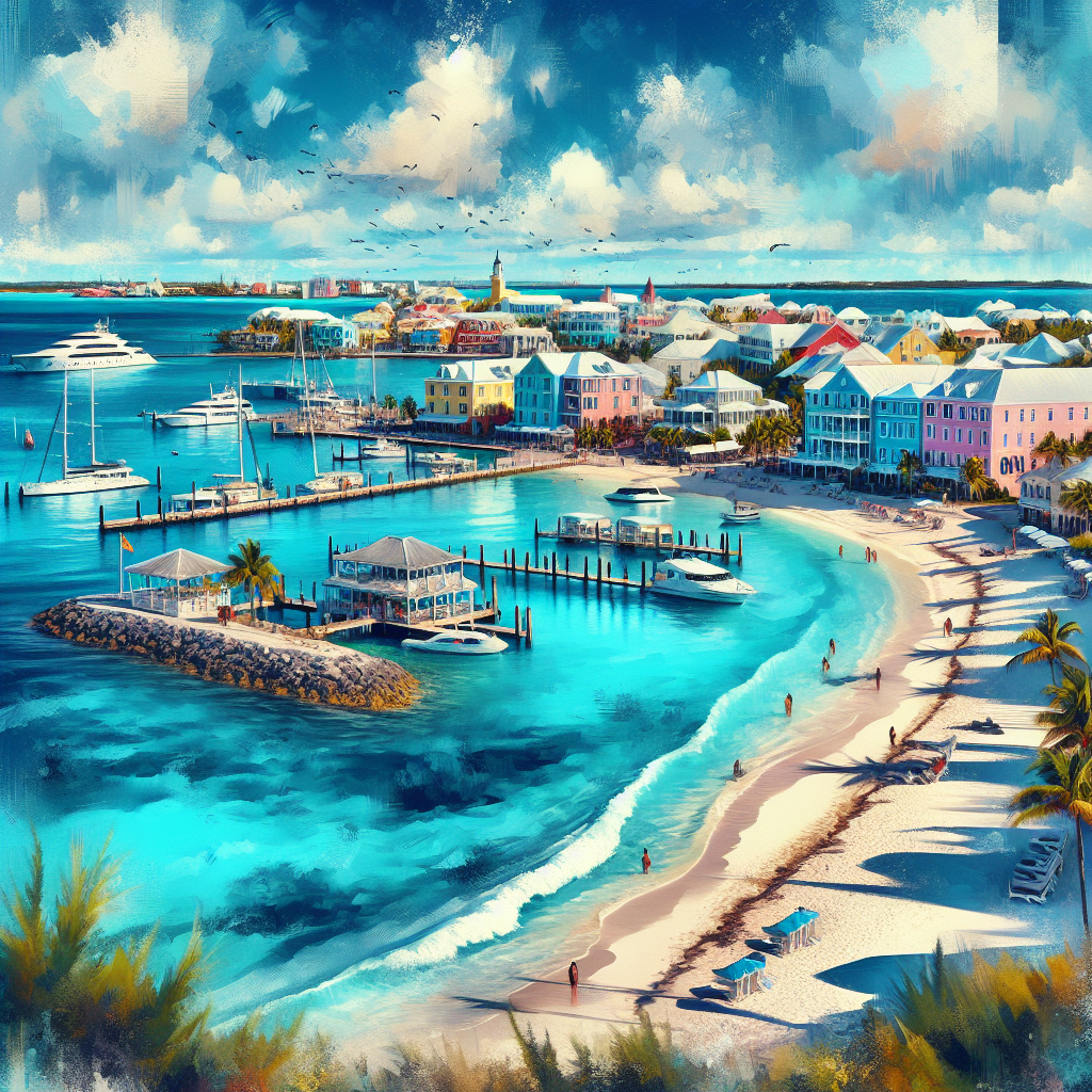 A vibrant depiction of Nassau, Bahamas with a picturesque waterfront, colorful buildings, yachts, and pristine beaches.
