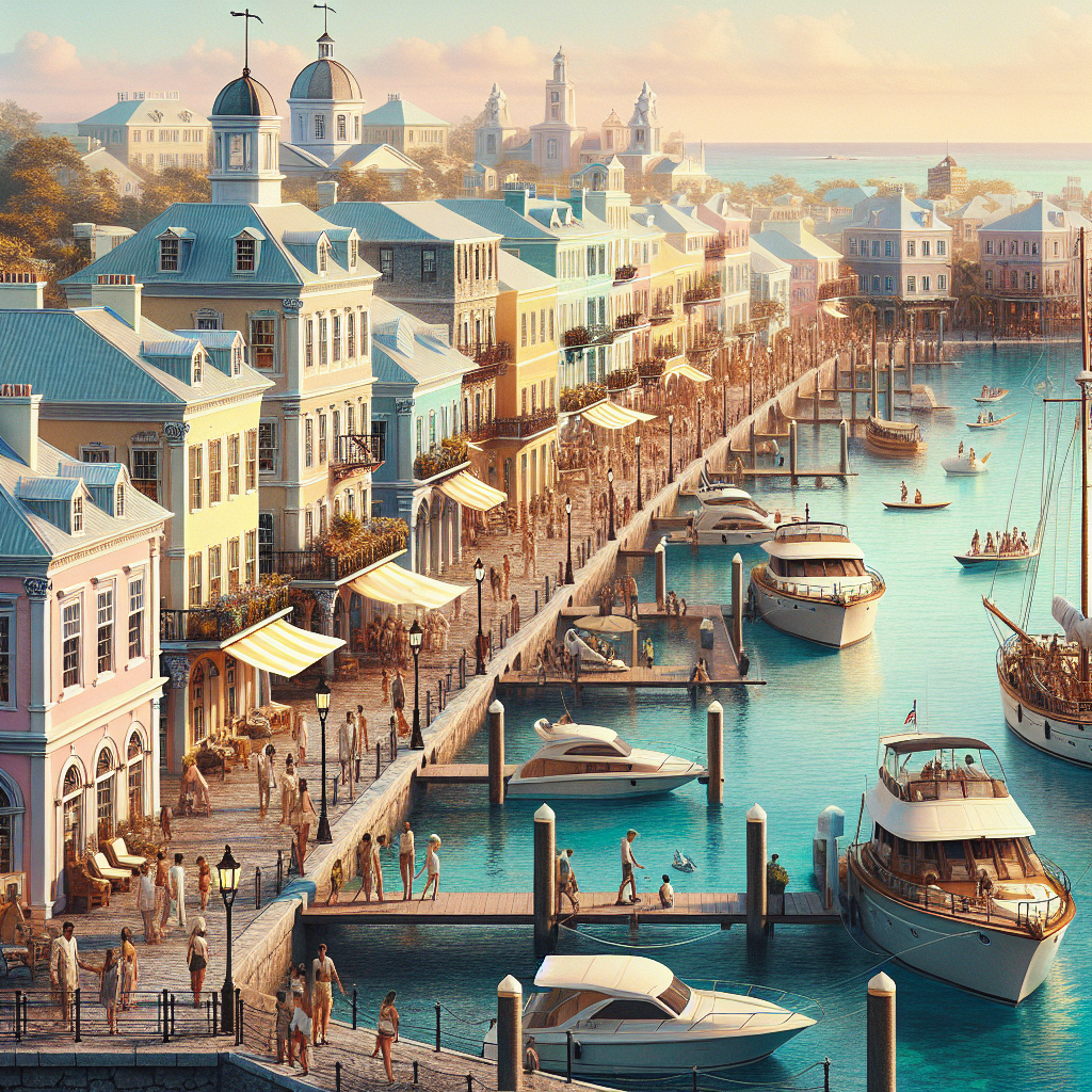 A realistic illustration of Nassau, Bahamas waterfront with colorful colonial buildings and yachts in the harbor.