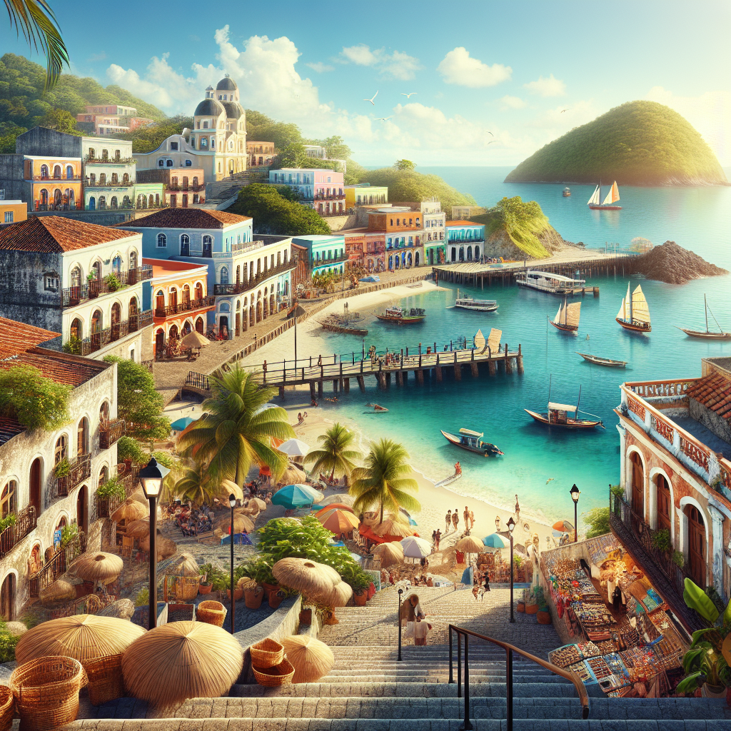 Realistic depiction of Nassau, Bahamas with colonial buildings, Queen's Staircase, Straw Market, and clear waters with water sports.