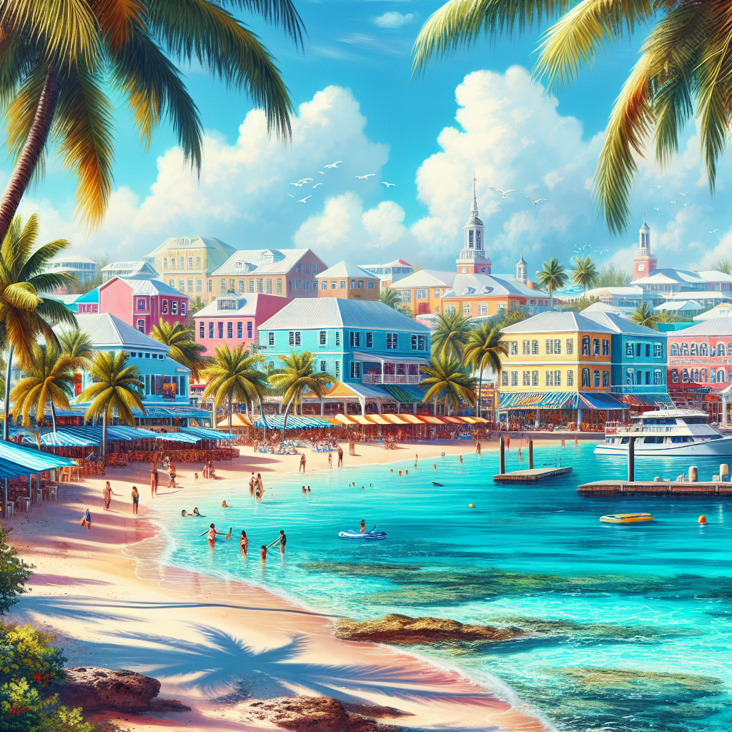 A realistic depiction of Nassau, Bahamas, featuring a stunning beach, crystal-clear waters, palm trees, and colorful buildings.