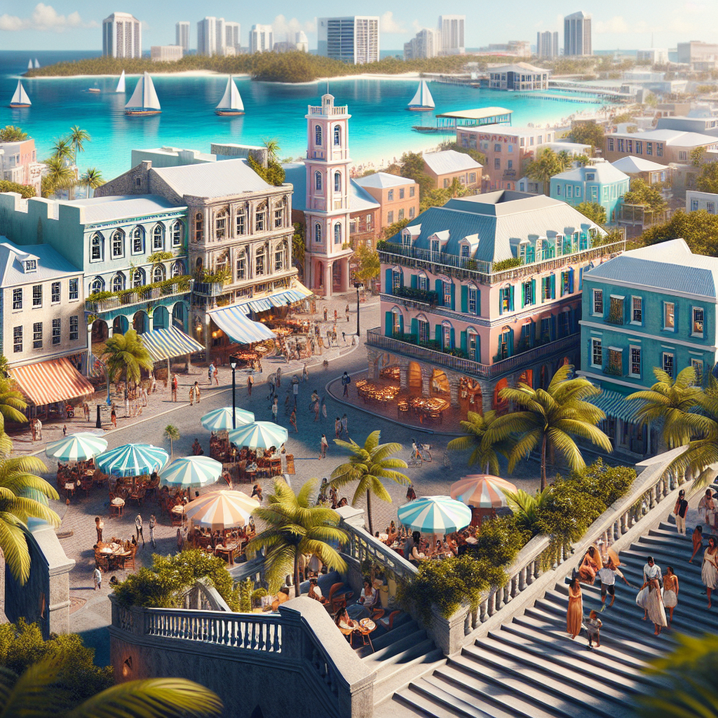 Realistic depiction of Nassau, Bahamas with colorful buildings, palm trees, and turquoise waters.