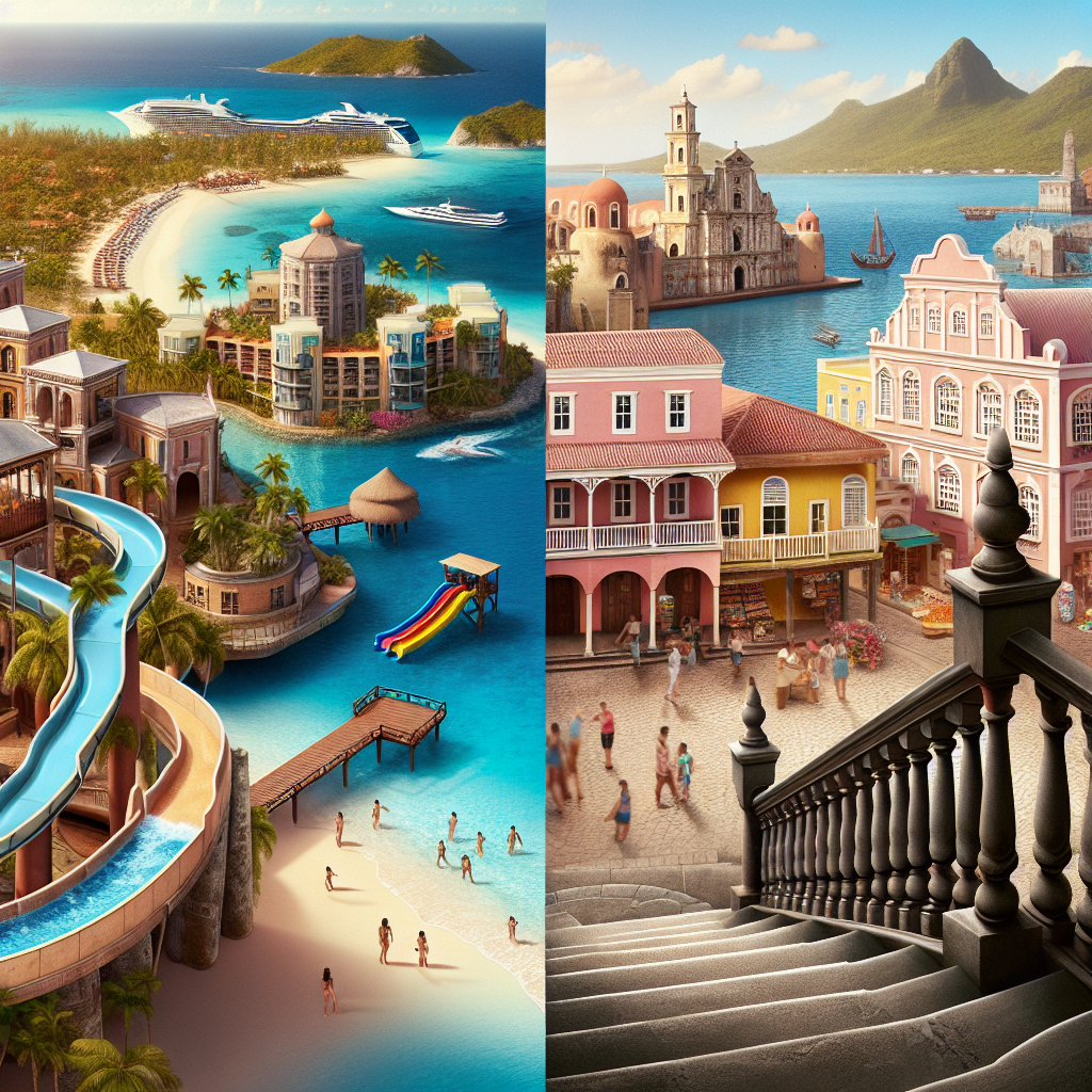 A contrasting depiction of Atlantis Paradise Island's luxury and Nassau's historical charm.