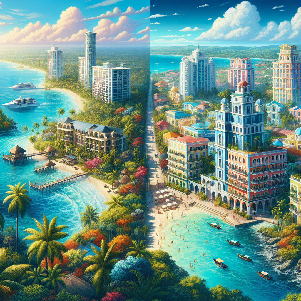 Scenic view between Atlantis Paradise Island and Nassau in the Bahamas, showcasing luxury and history.