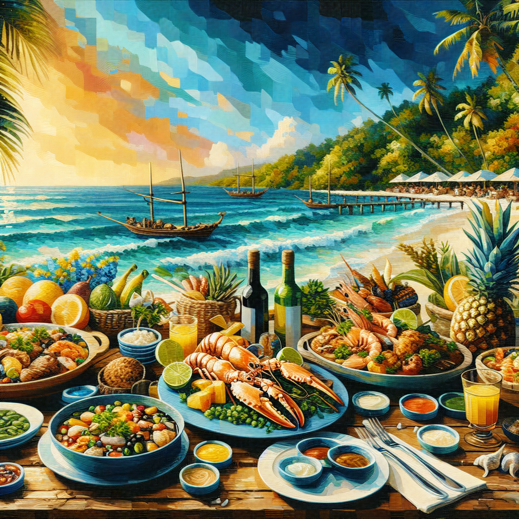 A table with a variety of colorful Bahamian dishes in a seaside restaurant setting.