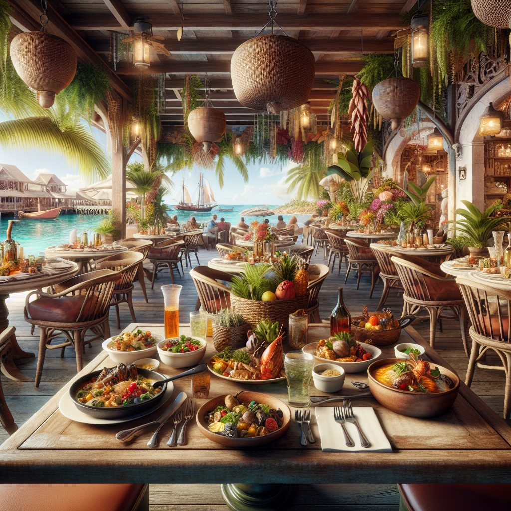 A realistic depiction of Nassau's culinary scene with colorful Bahamian dishes and warm Caribbean ambiance.