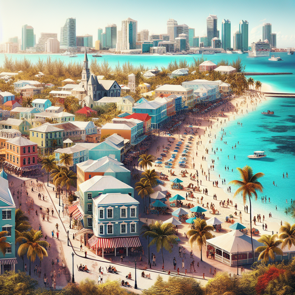 A realistic image of Nassau, Bahamas with colonial buildings by vibrant beaches.