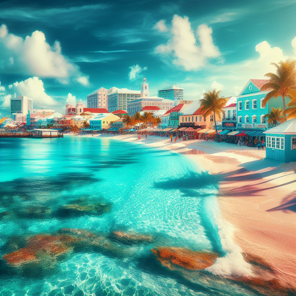 Realistic depiction of Nassau, Bahamas with turquoise waters and bustling streets.
