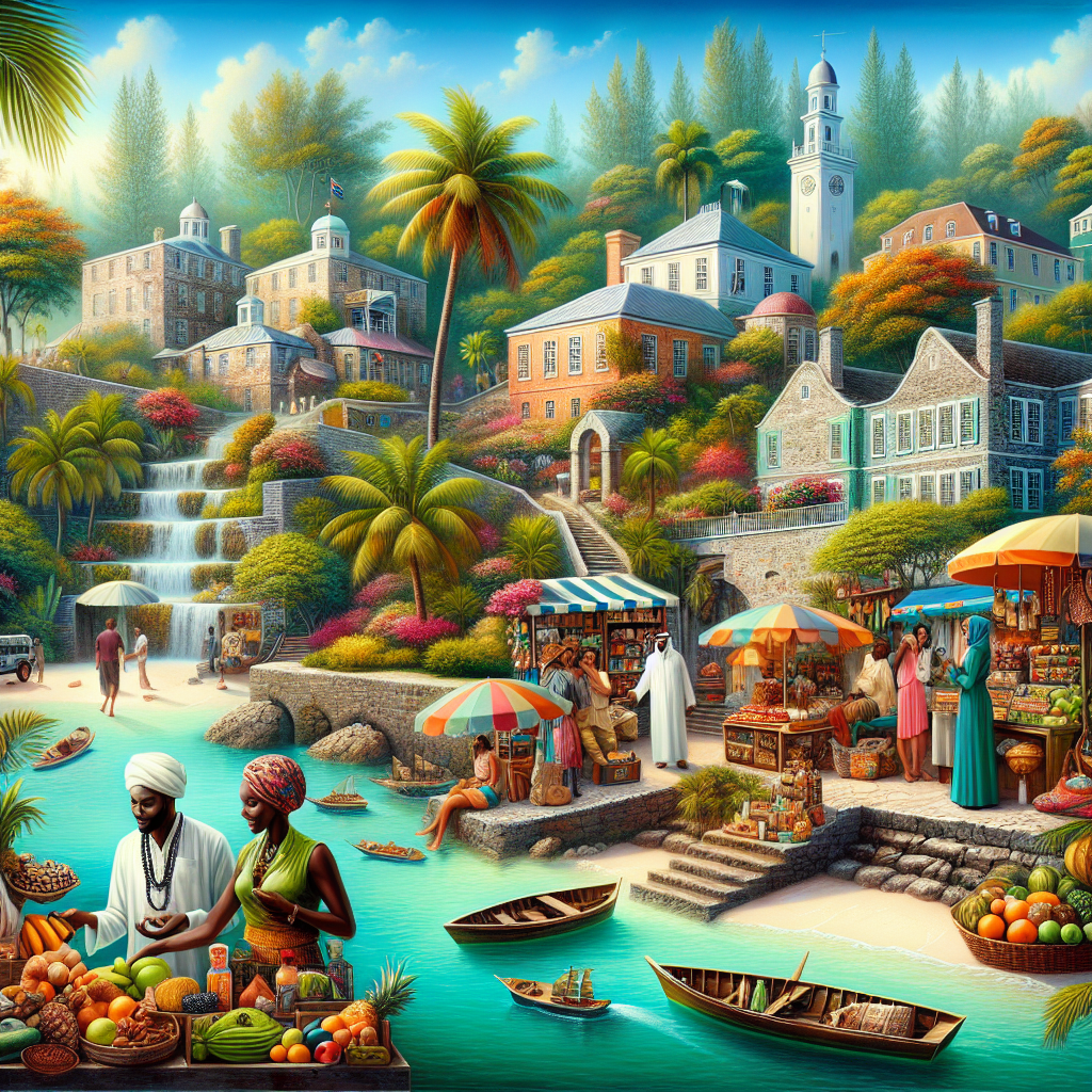 A vibrant scene of Nassau Bahamas with a marketplace, gardens, colonial buildings, turquoise waters, and sandy beaches.