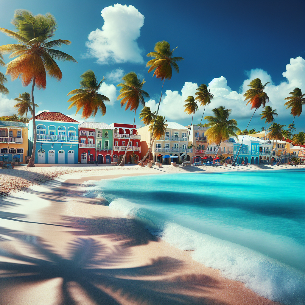 A realistic portrayal of Nassau, Bahamas with a beach scene, turquoise waters, palm trees, and colonial architecture.