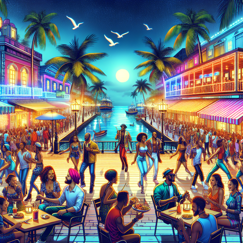 A vibrant scene of Nassau's nightlife with lively bars, restaurants, and nightlife activities.