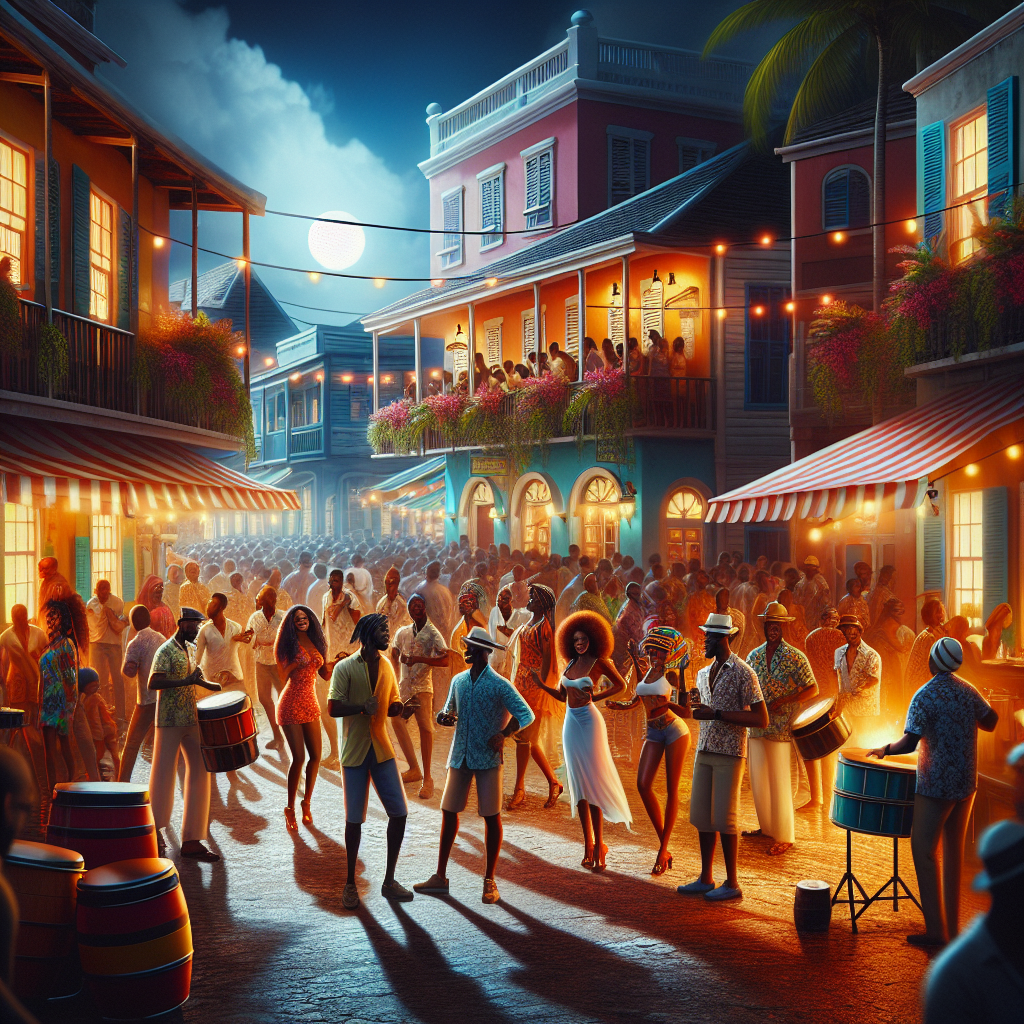 Lively Nassau nightlife scene with people enjoying bars, dancing, and cultural music under a tropical sky.