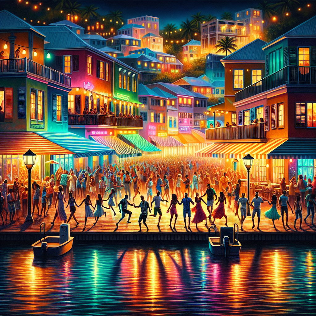 Nassau nightlife scene with illuminated streets, bars, and dancing people by the waterfront.