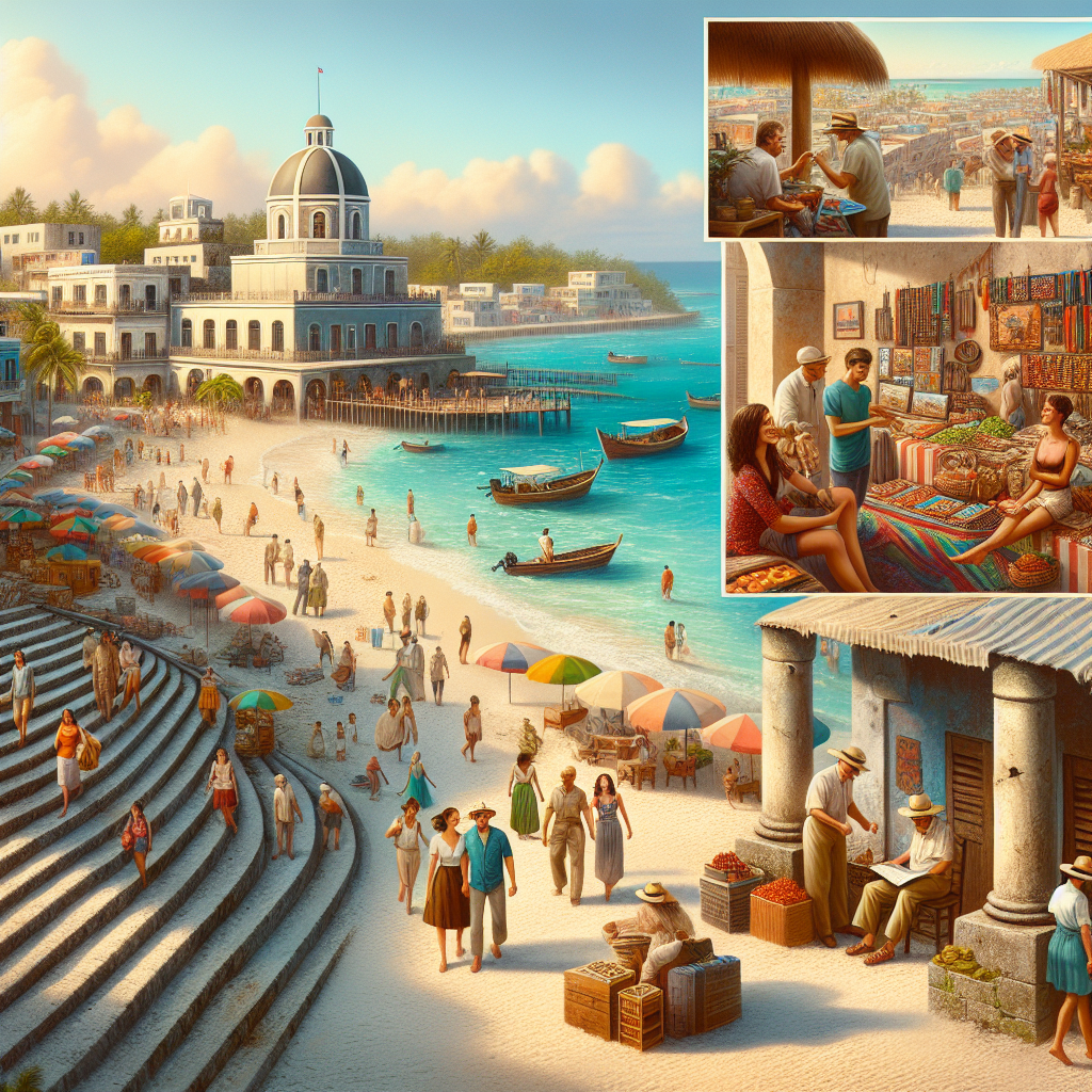 Realistic image of Nassau's beach, market, culture, and historical sites.