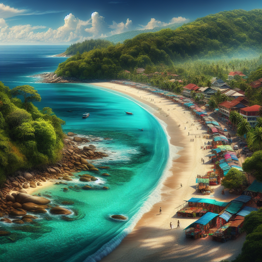 A realistic depiction of Cable Beach in Nassau, Bahamas, with vibrant market stalls and turquoise waters.