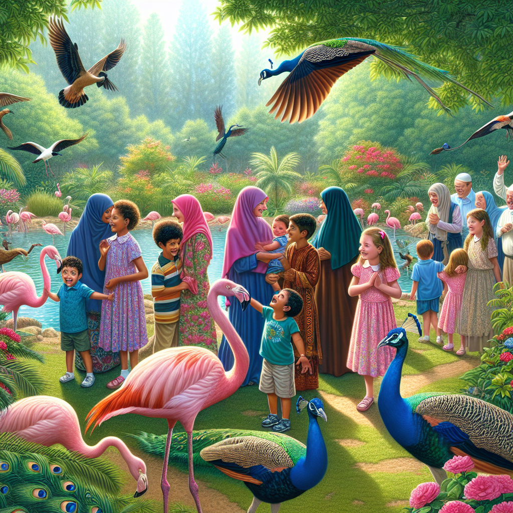 Children interacting with flamingos and peacocks at Ardastra Gardens in Nassau.