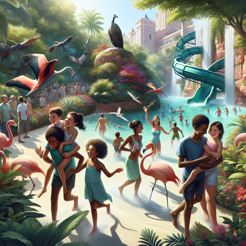 Family exploring Nassau with kids enjoying activities, interacting with flamingos, water slides, and marine observations.