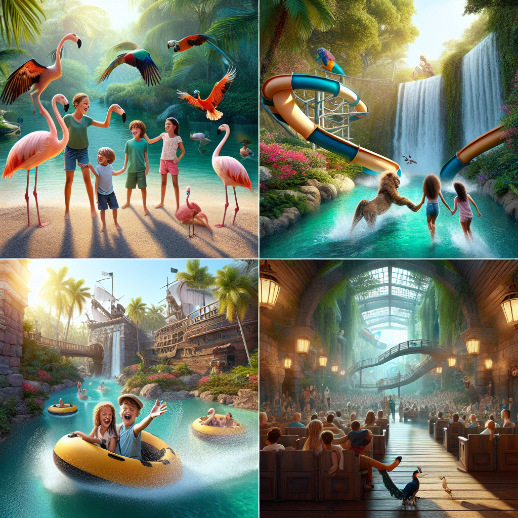 A family enjoying interactive activities at Ardastra Gardens, Atlantis Water Park, and the Pirates of Nassau Museum in Nassau.