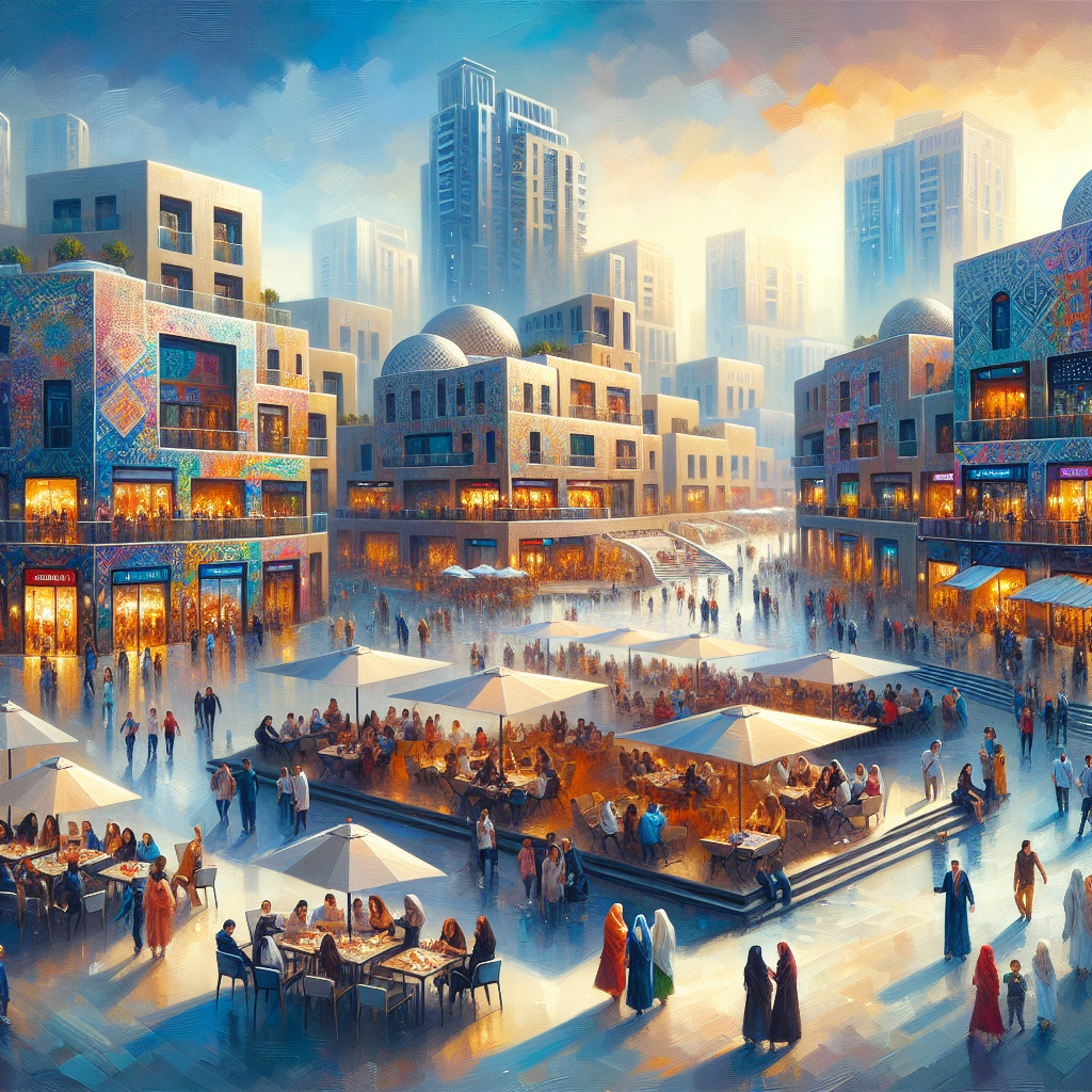 A vibrant and lively depiction of Marina Square, showcasing its modern shops, cafes, and dynamic city life.