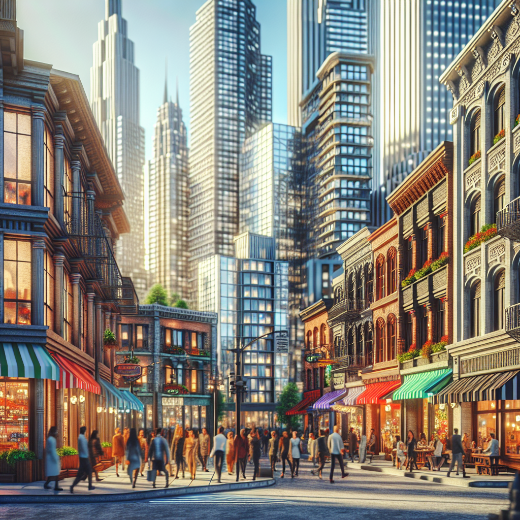 A vibrant depiction of Marina Square, a lively city center with diverse people, shops, cafes, and modern architecture.