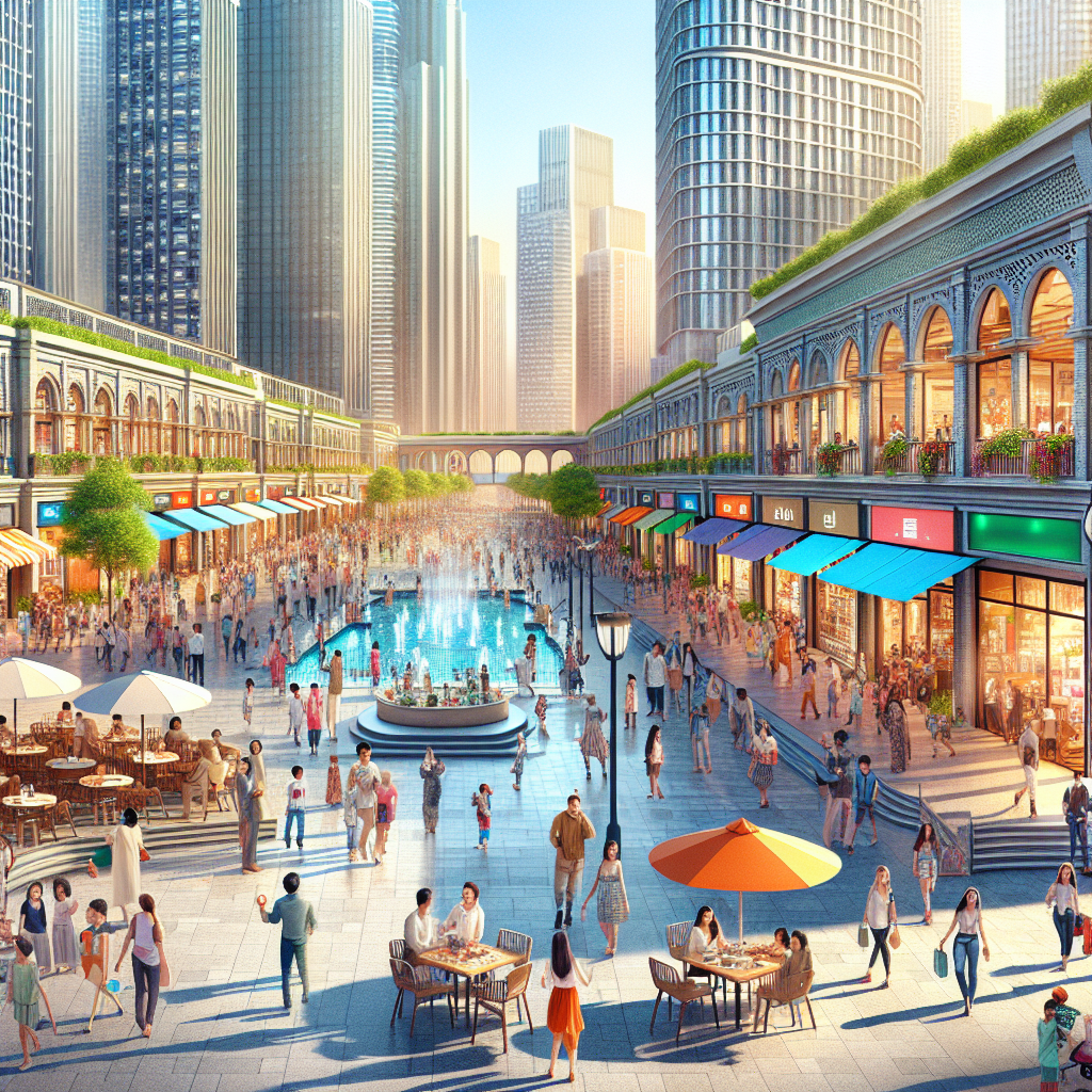 A bustling urban scene of Marina Square with diverse crowds and various shops and cafes.