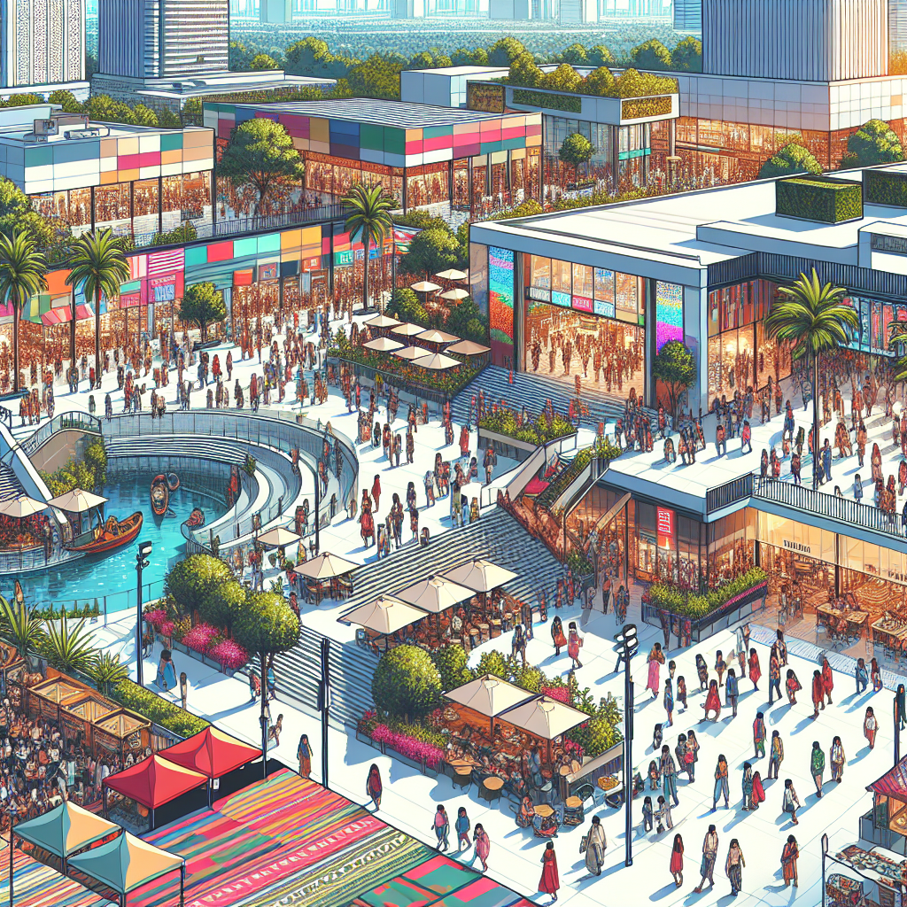 Illustration of Marina Square, a vibrant city tourist hub with crowds and shops.