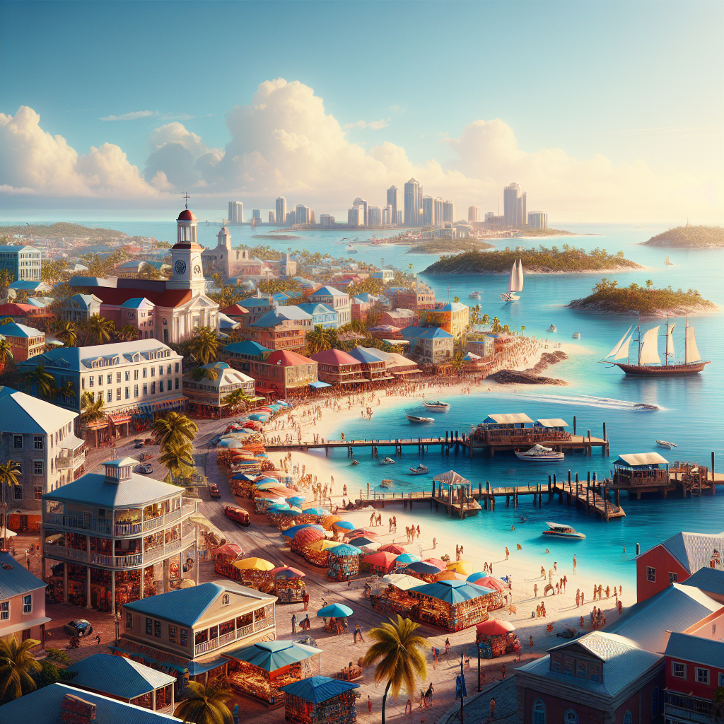 Vibrant Nassau, Bahamas cityscape with historical landmarks and bustling markets, set against pristine beaches.