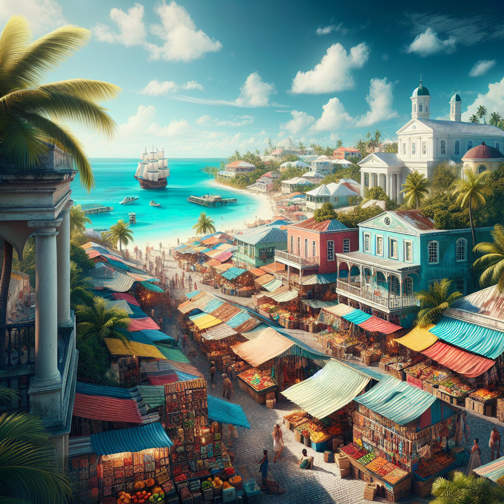 Vibrant Nassau Bahamas market and beach scene.