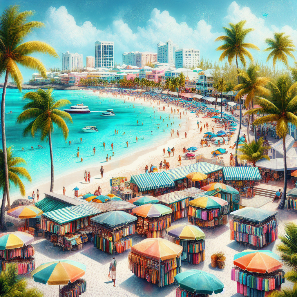 A vibrant beach scene in Nassau, Bahamas, featuring Cable Beach and the Nassau Straw Market.