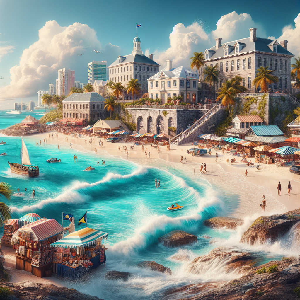 A depiction of Nassau, Bahamas' beach, market, and historic sites.