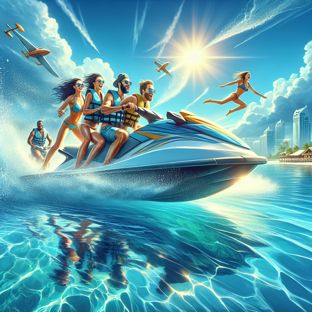 Travelers on jet skis in the clear blue waters of Nassau.