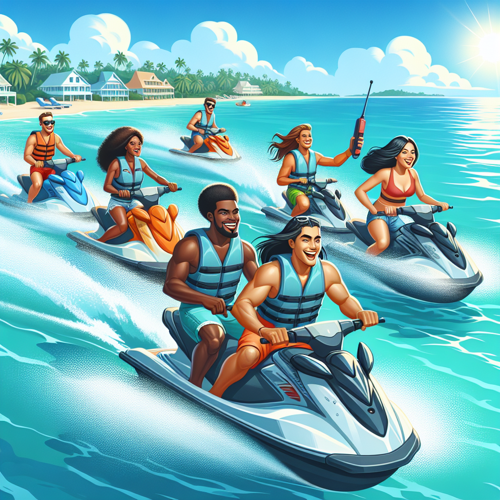 Travelers on jet skis in the blue waters of Nassau