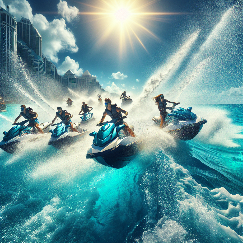 Travelers on jet skis in the waters of Nassau.