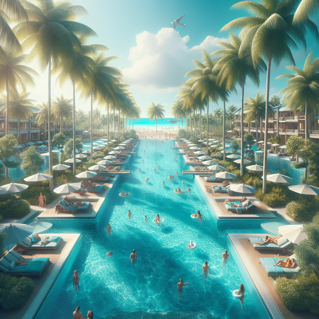 A luxurious all-inclusive resort in Nassau with a swimming pool, palm trees, beachfront villas, and guests enjoying their vacation.