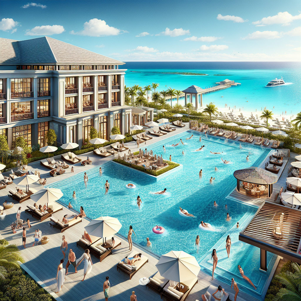 Luxury all-inclusive resort in Nassau with beachfront views, modern architecture, and people enjoying leisure activities.