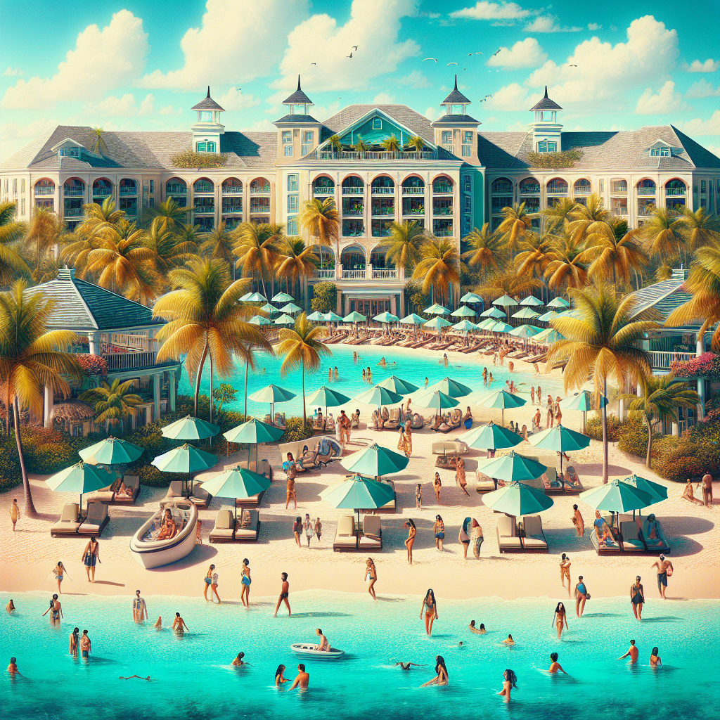 Realistic image of an all-inclusive resort in Nassau with guests enjoying various activities.